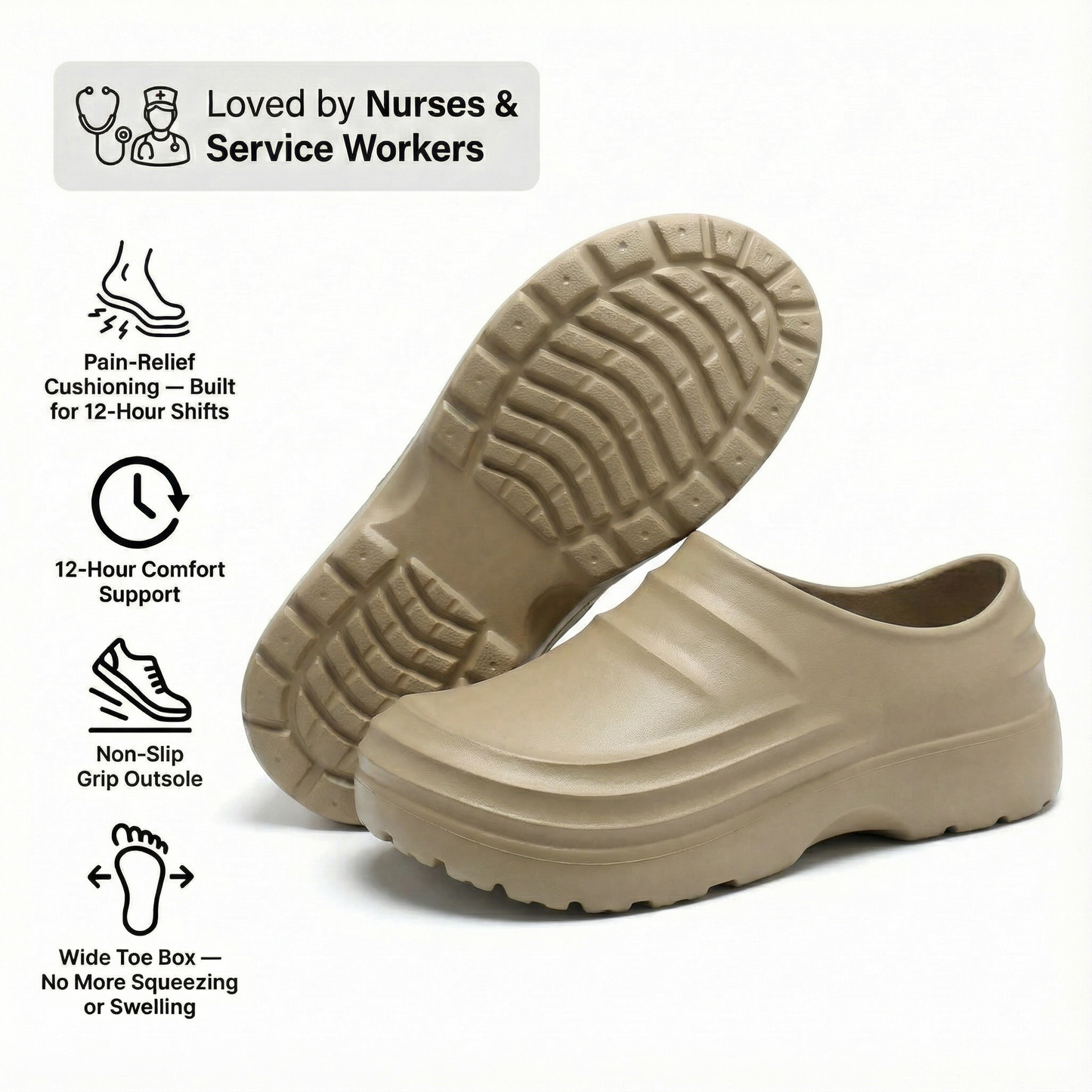 12-Hour Shift Clogs – Built-In Arch Support for Plantar Fasciitis, Wide Toe Box, Non-Slip