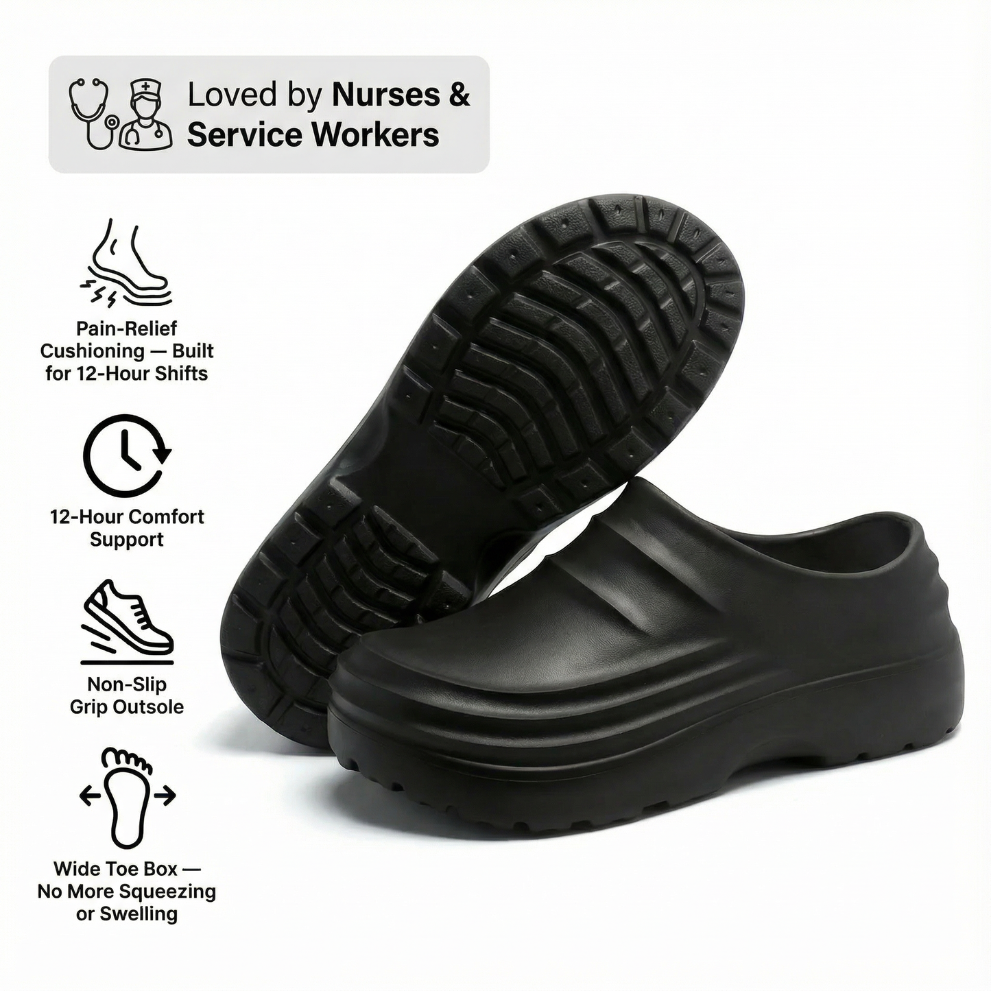 12-Hour Shift Clogs – Built-In Arch Support for Plantar Fasciitis, Wide Toe Box, Non-Slip